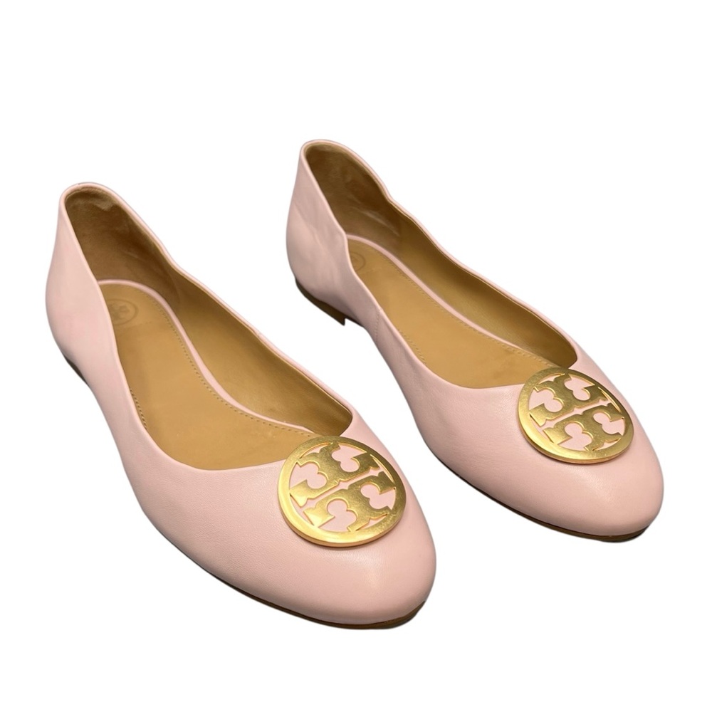 Tory Burch Benton Ballet Flats Size 12 Sea Shell Pink Leather Gold Logo Emblem - Picture 2 of 11